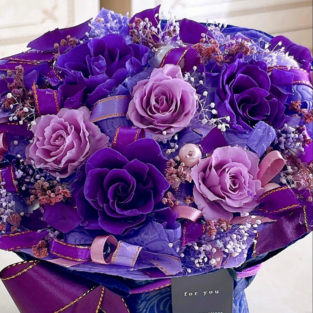 ✨大人気✨紫ミックスバラプリザーブアレンジ✨ラッピングのまま飾れますよ✨