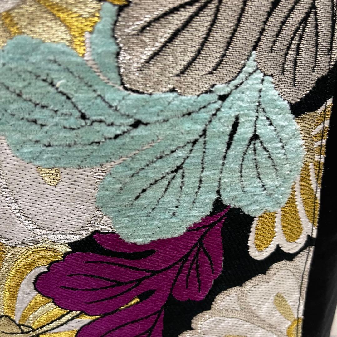 a帯リメイクバッグ 高級正絹✰︎都・もーる✰︎黒地に菊と桜 市松文様 唐織 振袖帯