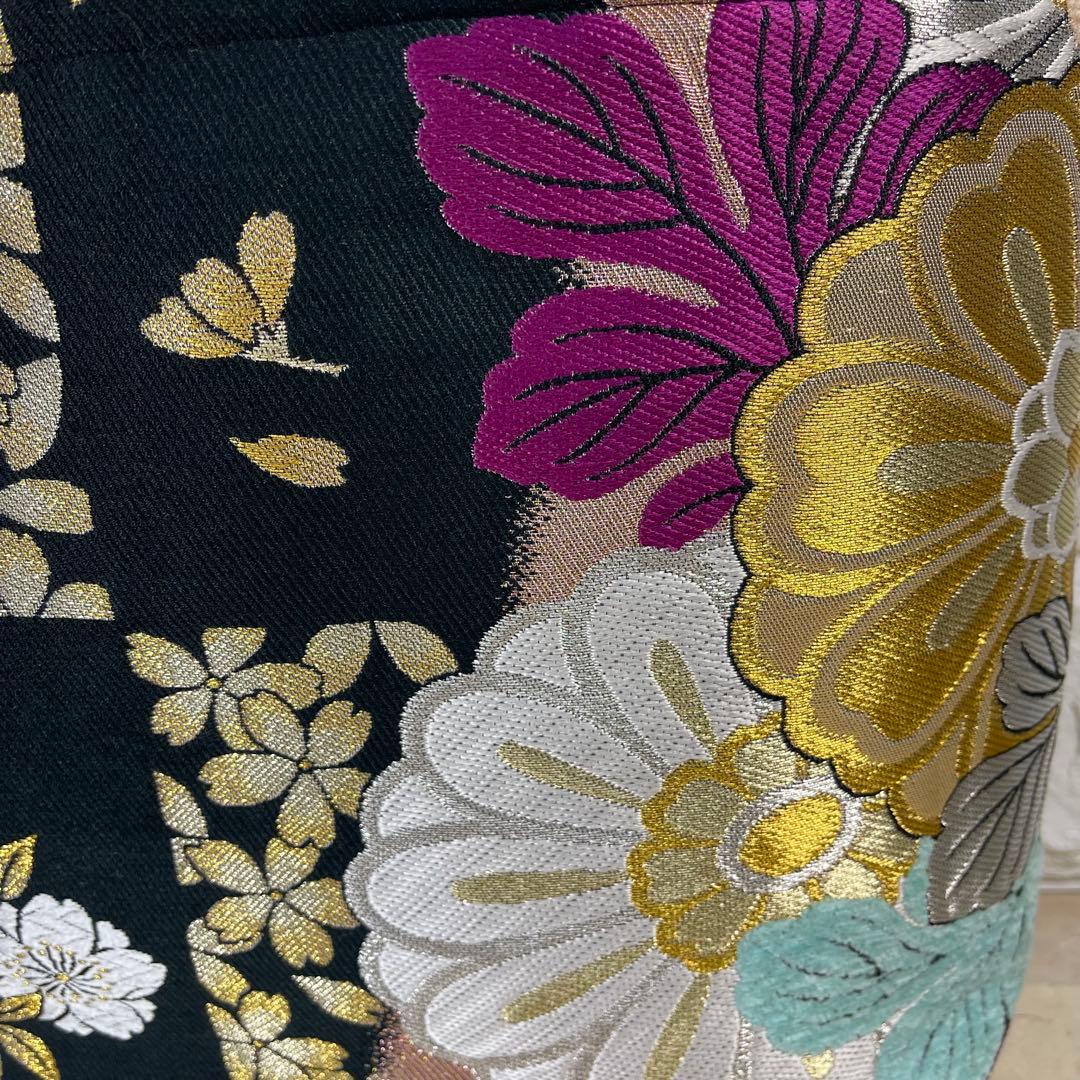 a帯リメイクバッグ 高級正絹✰︎都・もーる✰︎黒地に菊と桜 市松文様 唐織 振袖帯