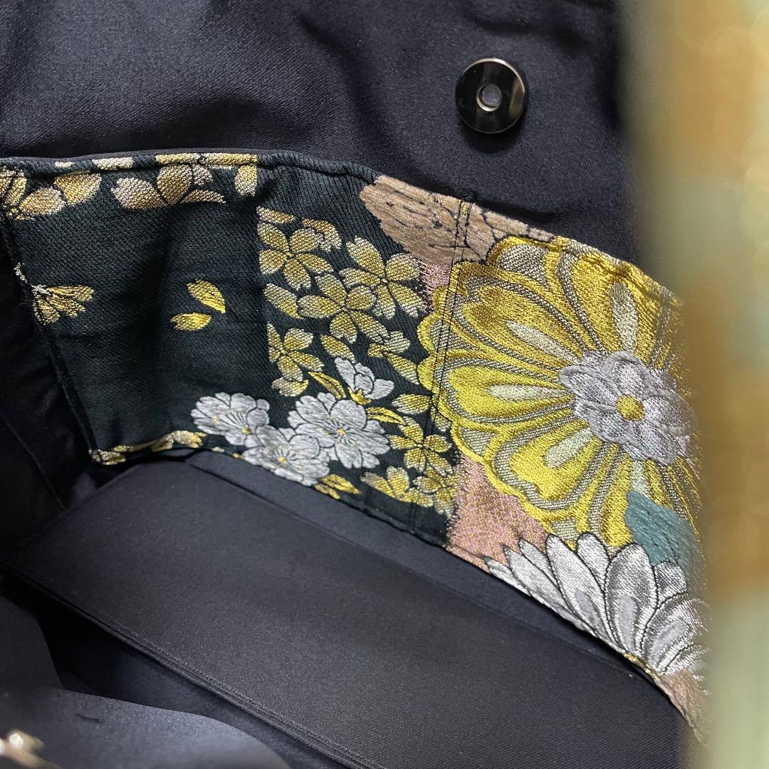 a帯リメイクバッグ 高級正絹✰︎都・もーる✰︎黒地に菊と桜 市松文様 唐織 振袖帯