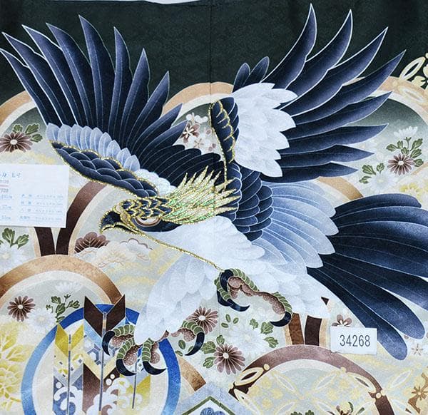 七五三 五歳 男児 羽織袴フルセット M寸 深緑色 鷹 袴変更可 NO34268