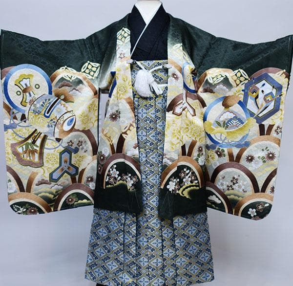 七五三 五歳 男児 羽織袴フルセット M寸 深緑色 鷹 袴変更可 NO34268