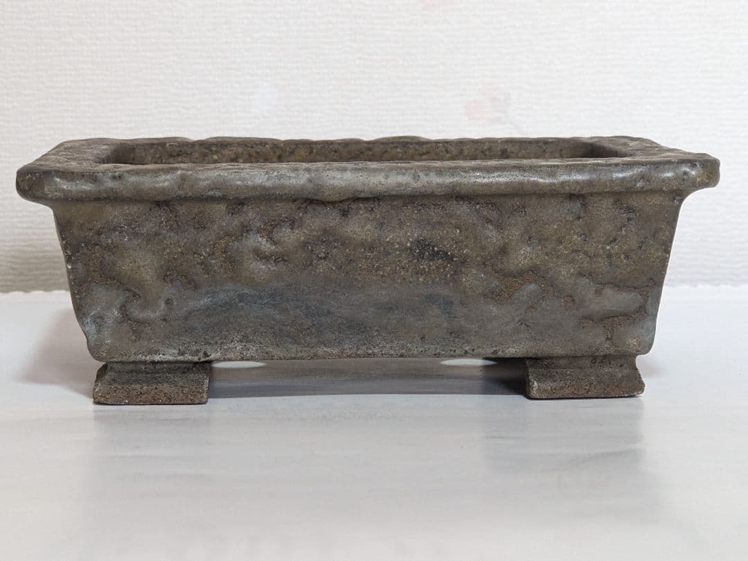 ♦小品盆栽鉢 辰山の釘彫り印 長方形四足ミニ盆栽鉢？中国 国内 古美術骨董品