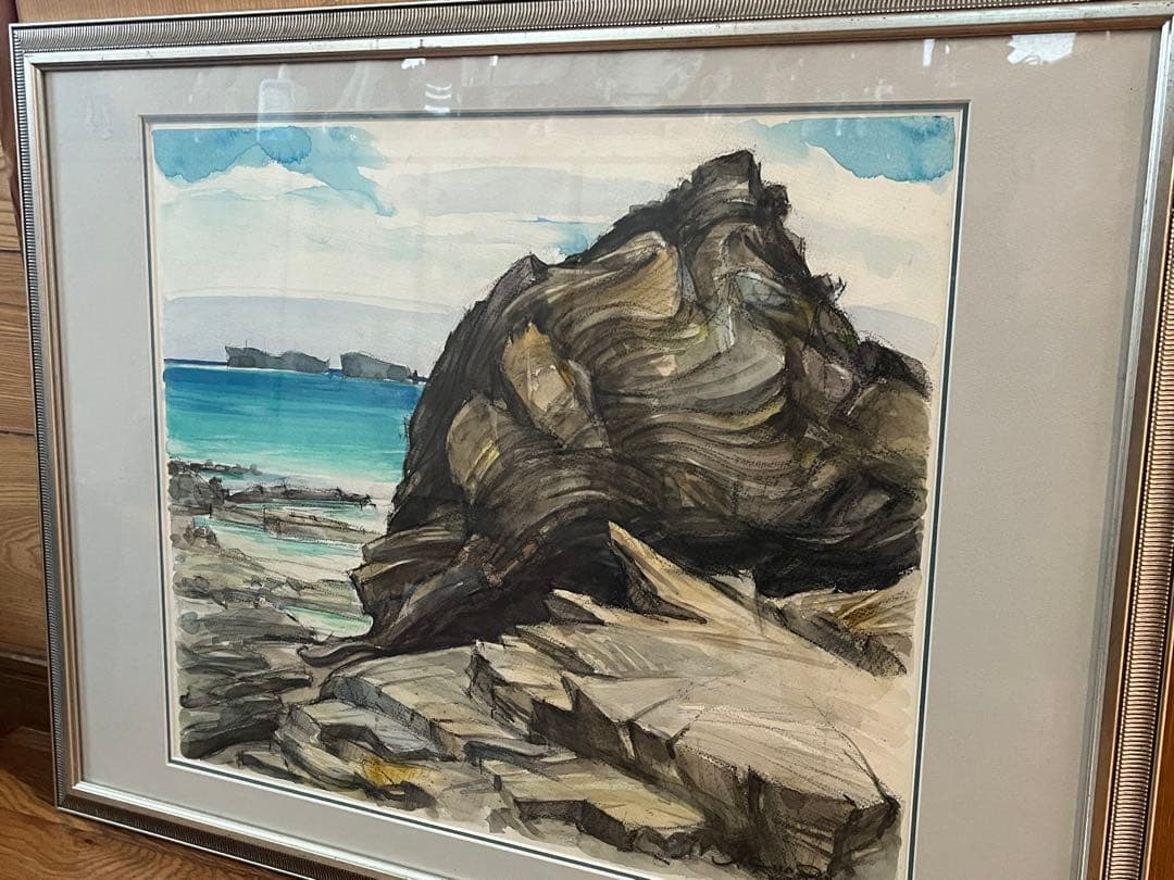 【真作】屋良朝春 F10号 水彩画「沖縄海岸風景」内閣総理大臣賞画家 額装