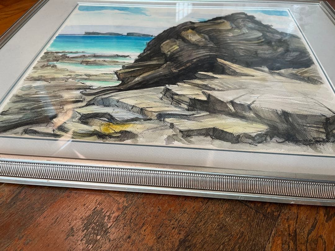 【真作】屋良朝春 F10号 水彩画「沖縄海岸風景」内閣総理大臣賞画家 額装