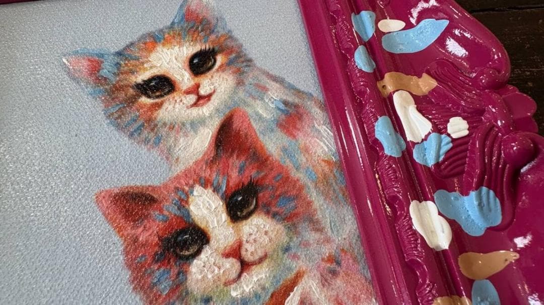 オイルペイント アートフレーム 「ハピネススリー キャット」ペンキ デコフレーム