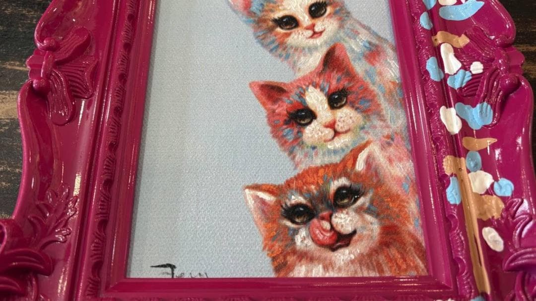 オイルペイント アートフレーム 「ハピネススリー キャット」ペンキ デコフレーム