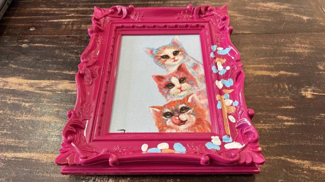 オイルペイント アートフレーム 「ハピネススリー キャット」ペンキ デコフレーム