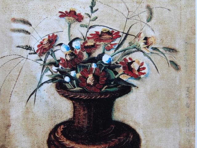 鬼頭鍋三郎、【夏花図】、希少な画集画、新品高級額 額装付、状態良好