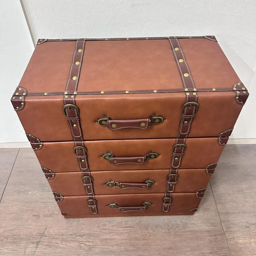 【新品】アンティーク調 トランク風 チェスト 4段 レザー調 タンス