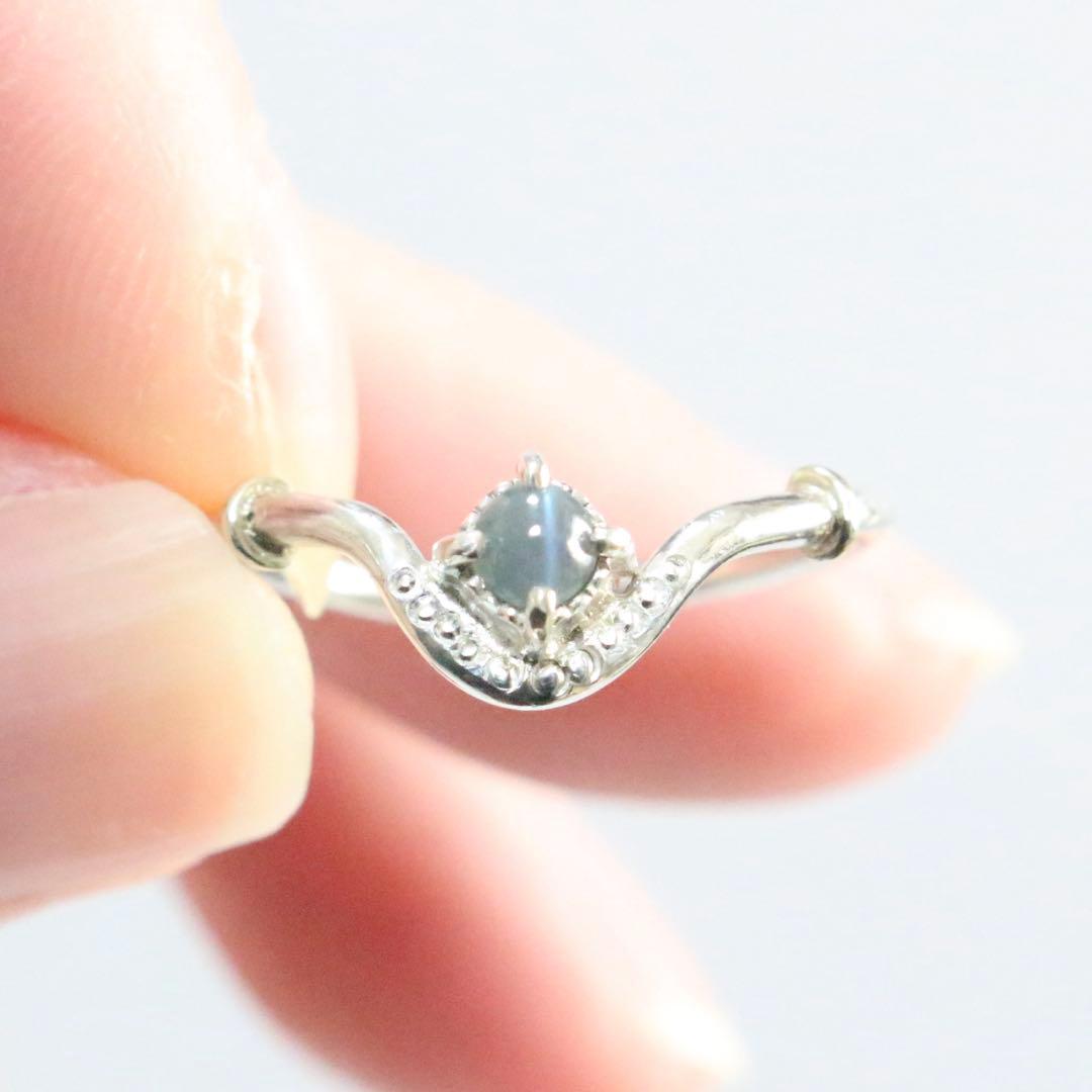 アレキサンドライトキャッツアイのK10YG小ワッカカーブシルバーリング12号