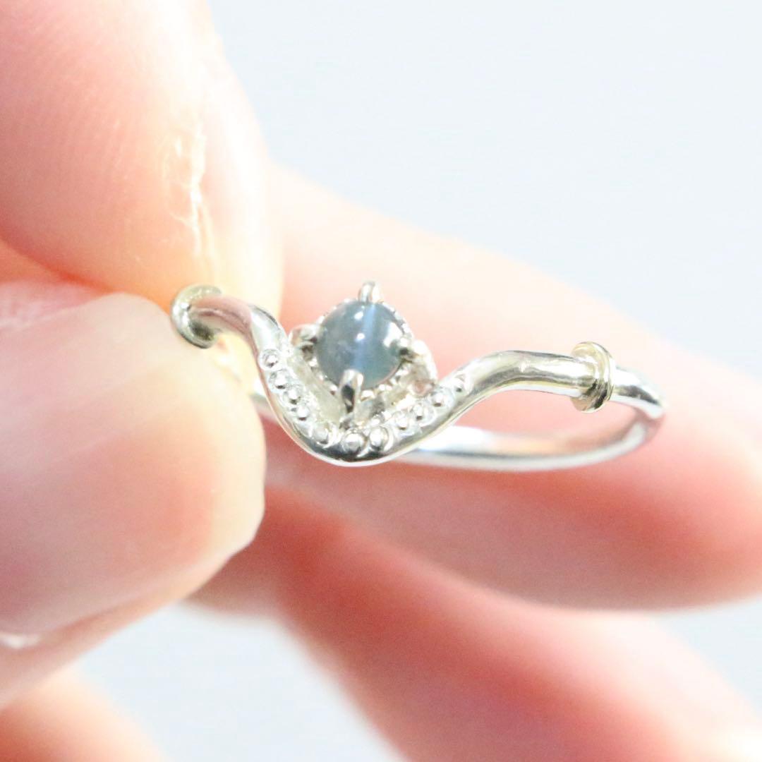 アレキサンドライトキャッツアイのK10YG小ワッカカーブシルバーリング12号