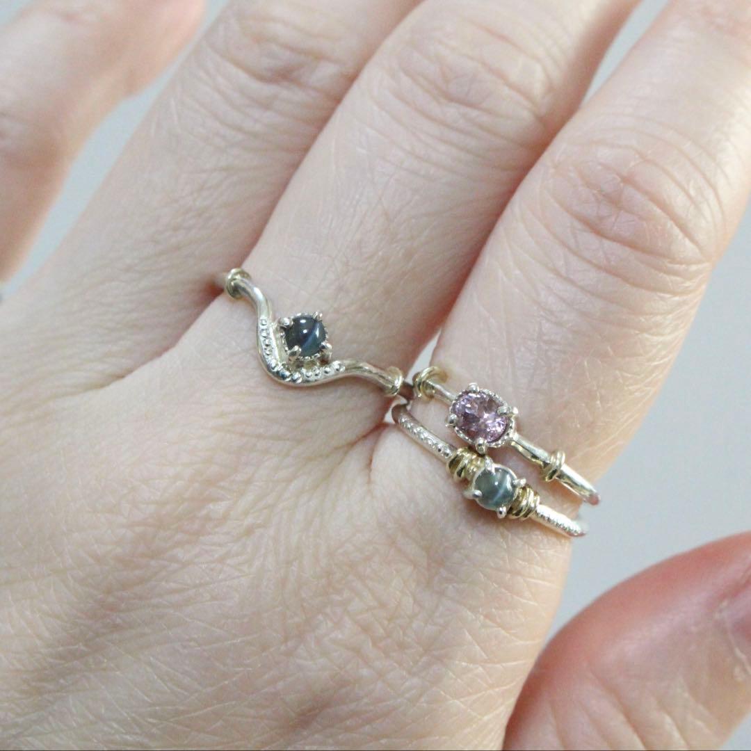 アレキサンドライトキャッツアイのK10YG小ワッカカーブシルバーリング12号