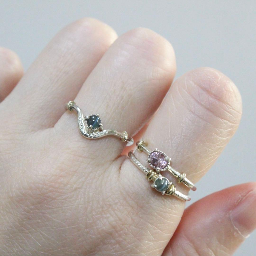 アレキサンドライトキャッツアイのK10YG小ワッカカーブシルバーリング12号