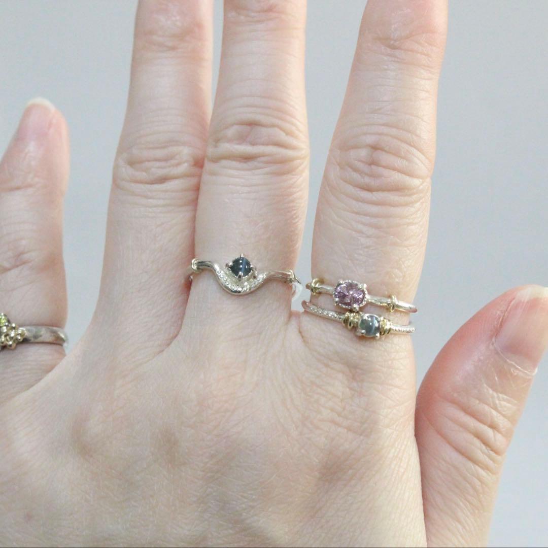 アレキサンドライトキャッツアイのK10YG小ワッカカーブシルバーリング12号