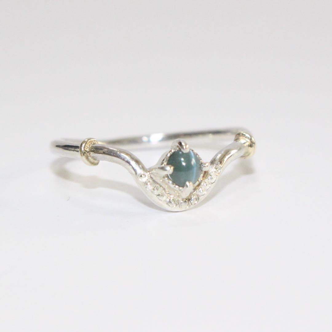 アレキサンドライトキャッツアイのK10YG小ワッカカーブシルバーリング12号