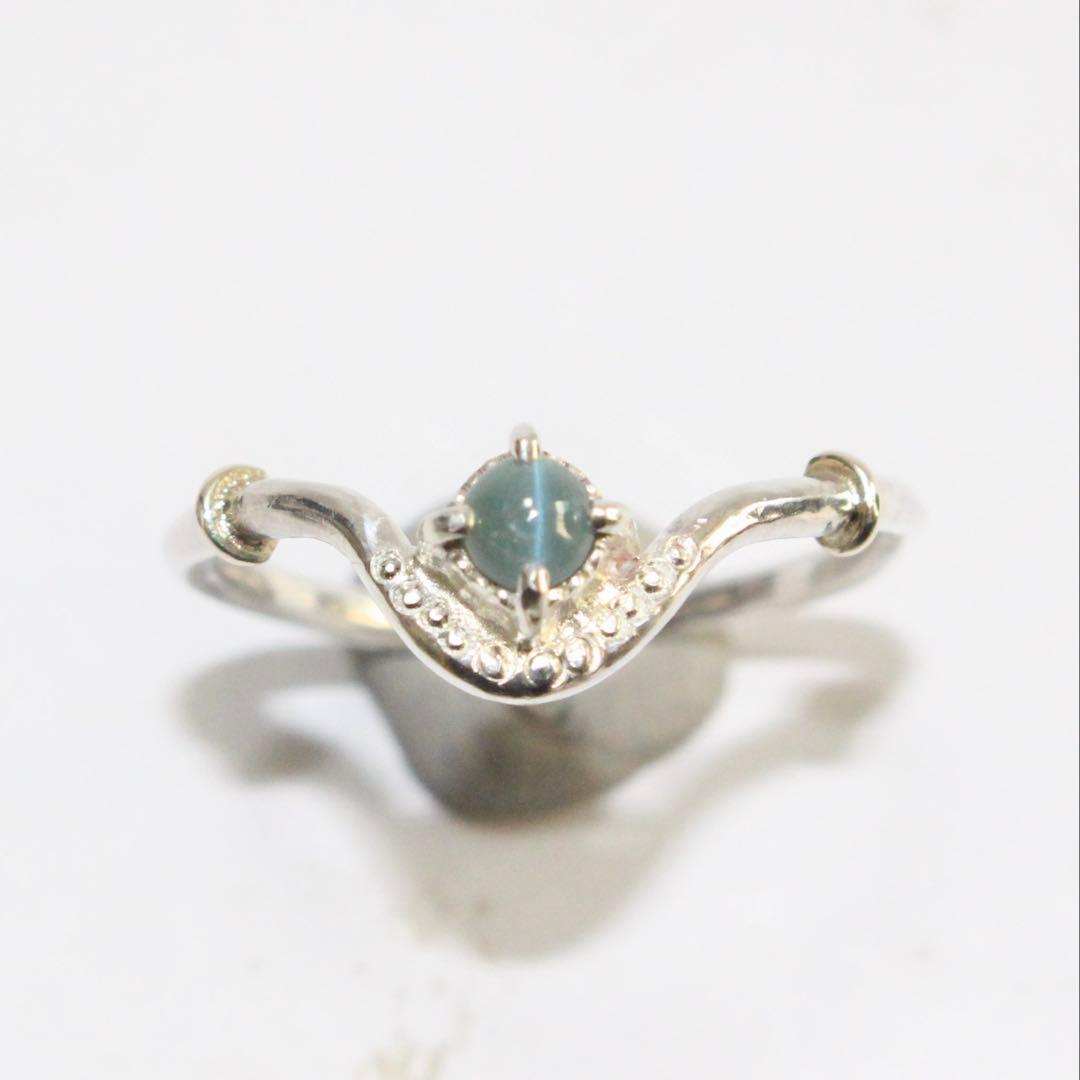 アレキサンドライトキャッツアイのK10YG小ワッカカーブシルバーリング12号