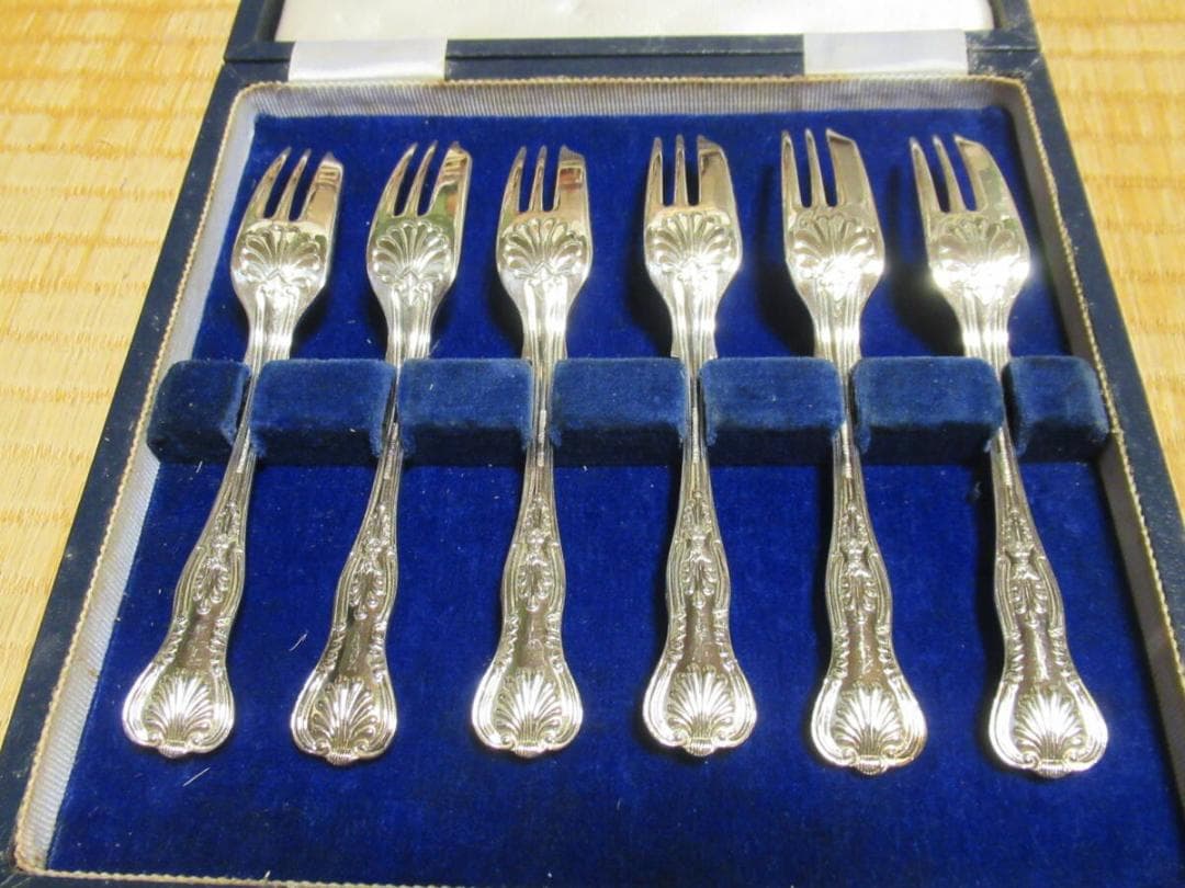 共箱付 1995年製◆マッピン＆ウェッブ ケーキフォーク 銀プレート 6本セット