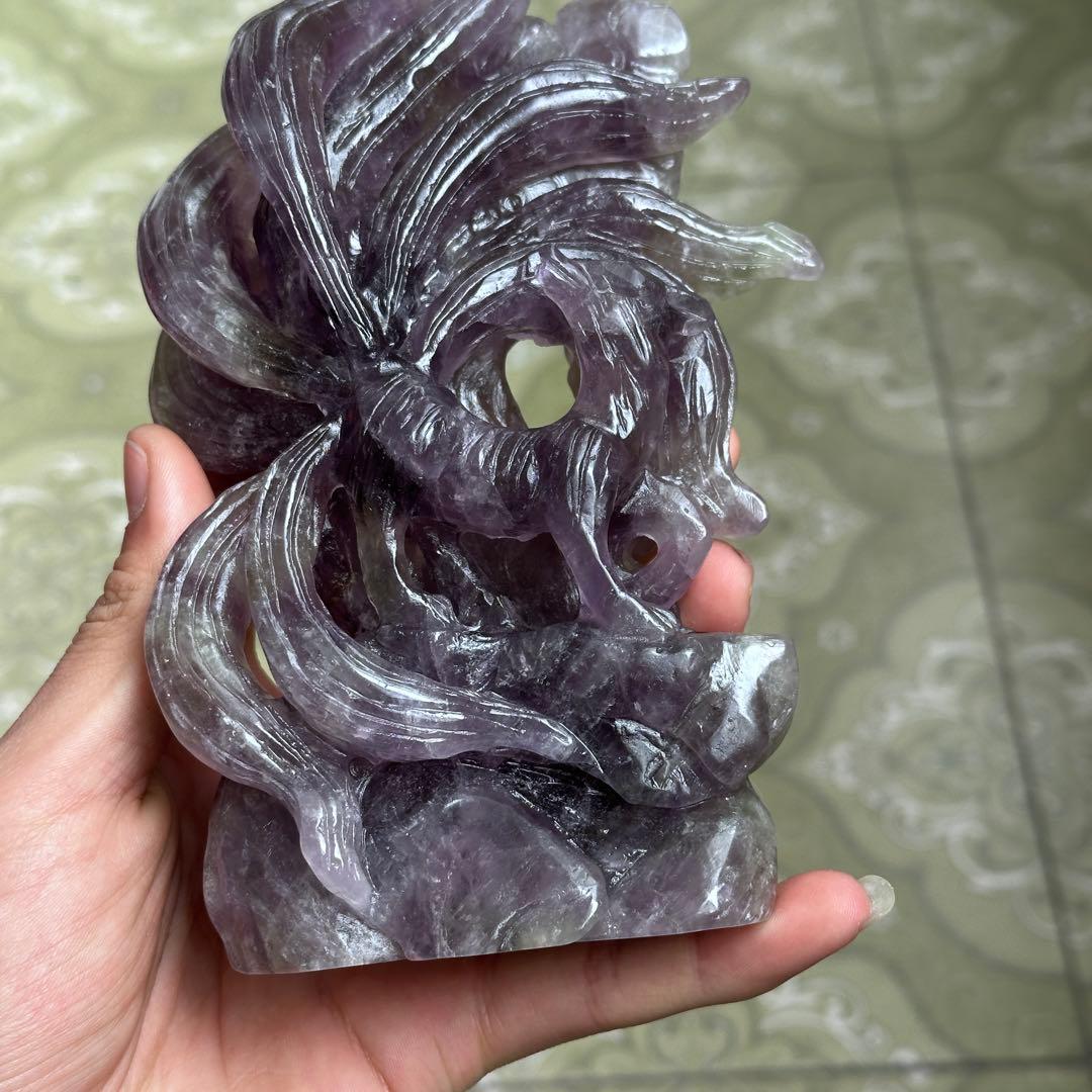 天然石 アメジストの九尾　置物　彫り物BY 001