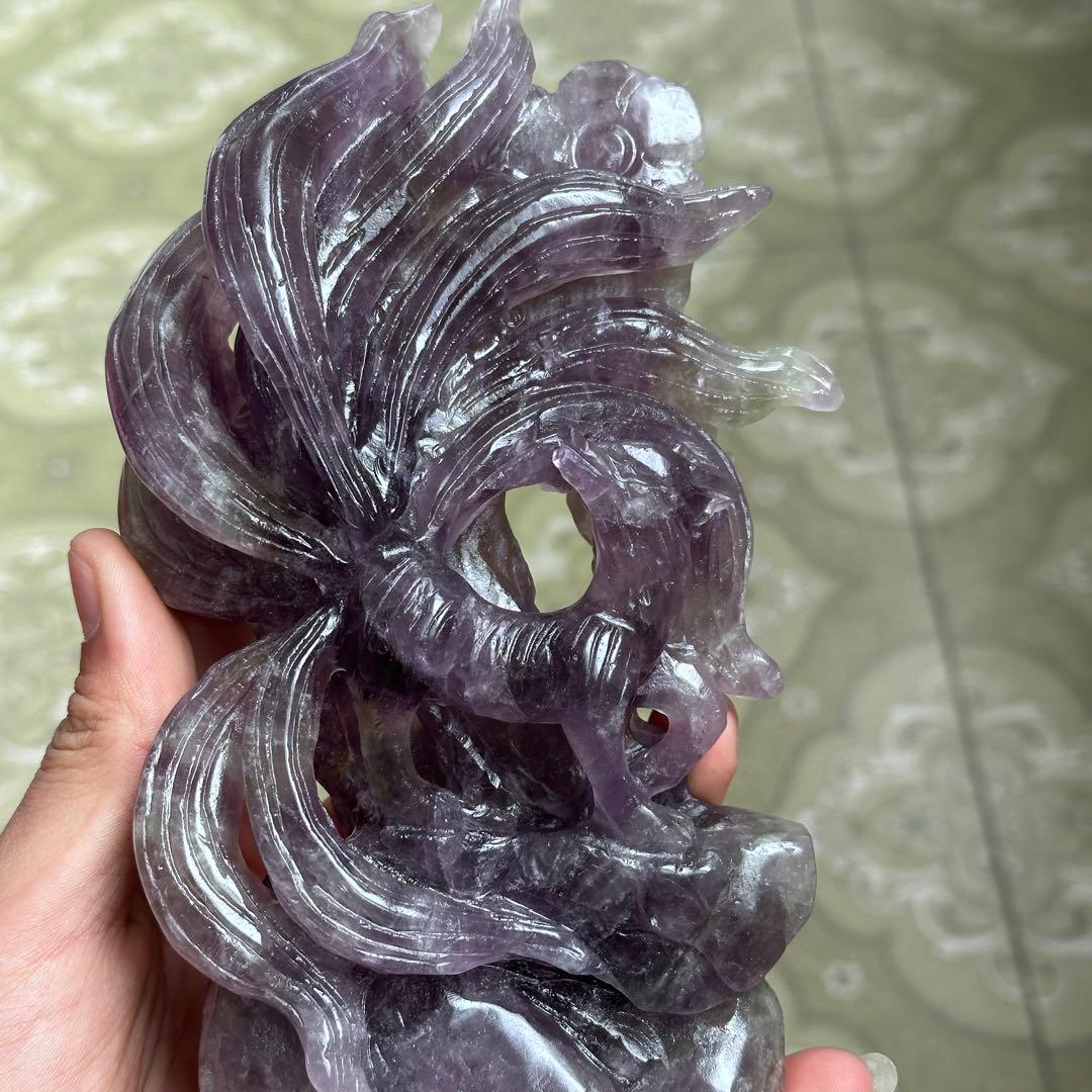 天然石 アメジストの九尾　置物　彫り物BY 001