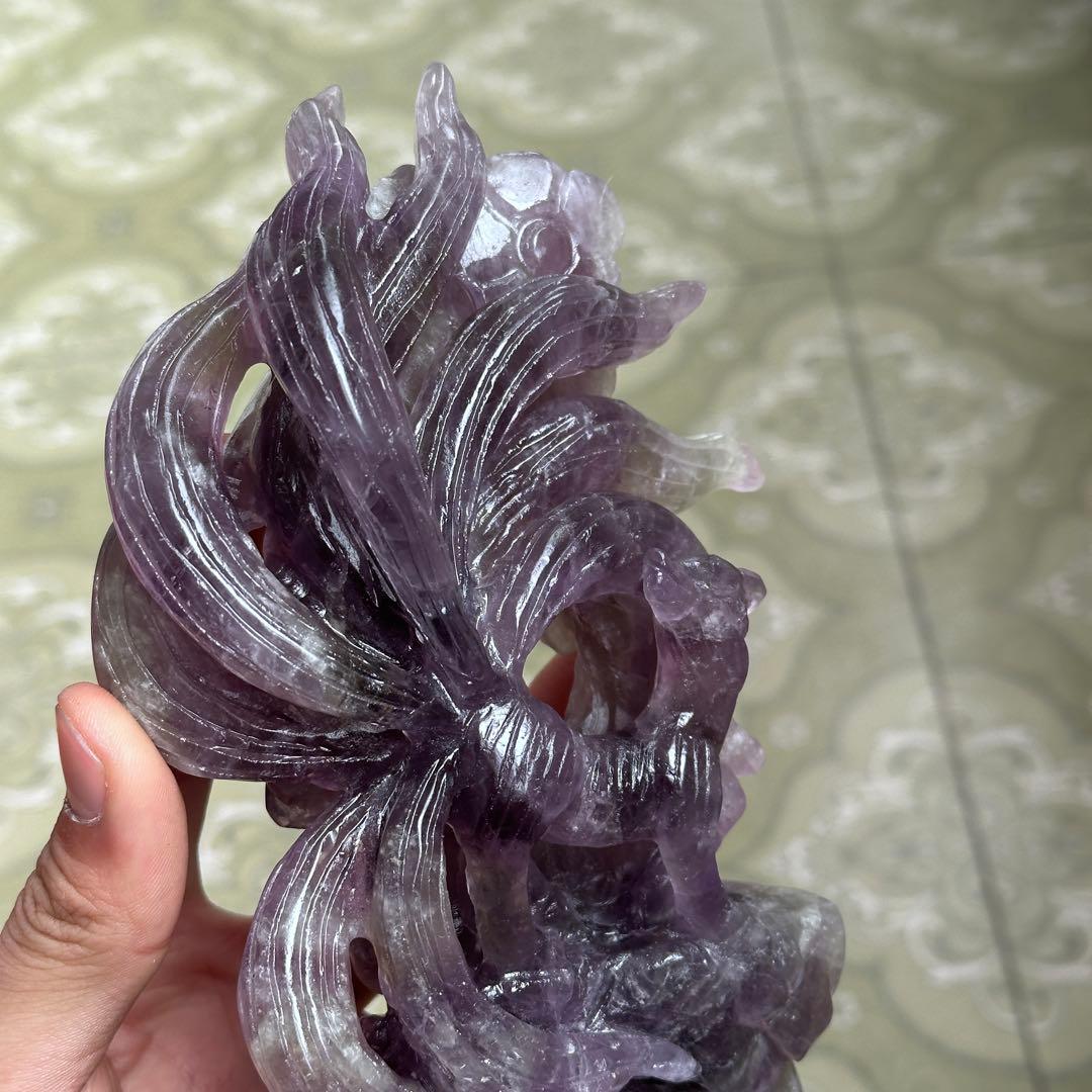 天然石 アメジストの九尾　置物　彫り物BY 001