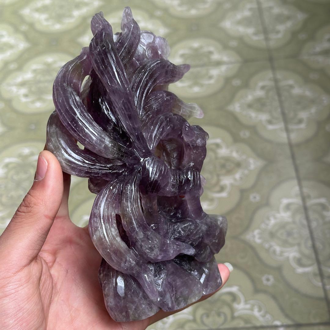 天然石 アメジストの九尾　置物　彫り物BY 001