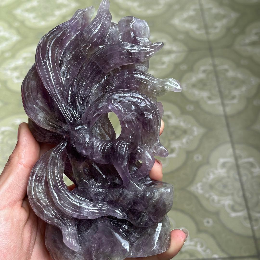 天然石 アメジストの九尾　置物　彫り物BY 001