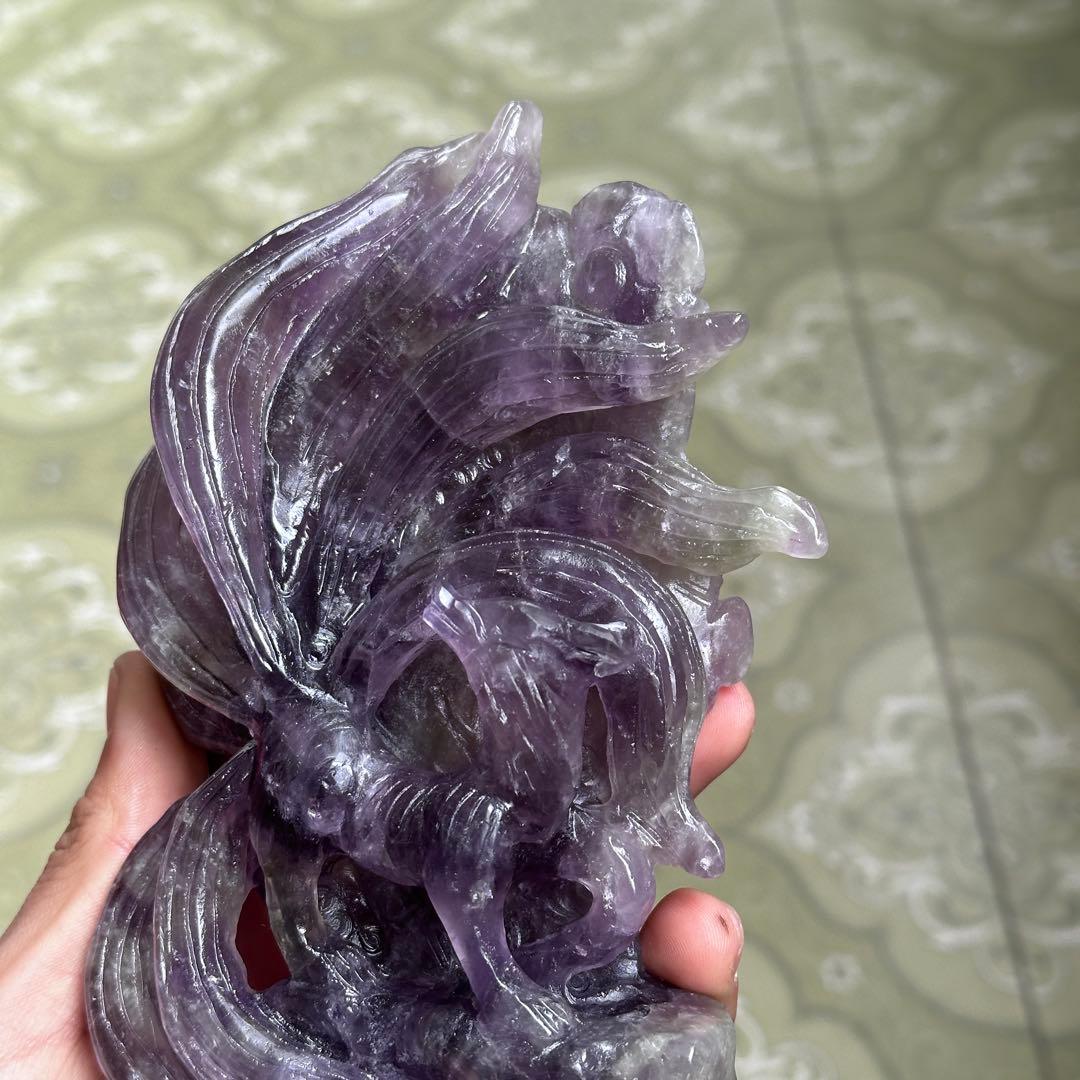 天然石 アメジストの九尾　置物　彫り物BY 001