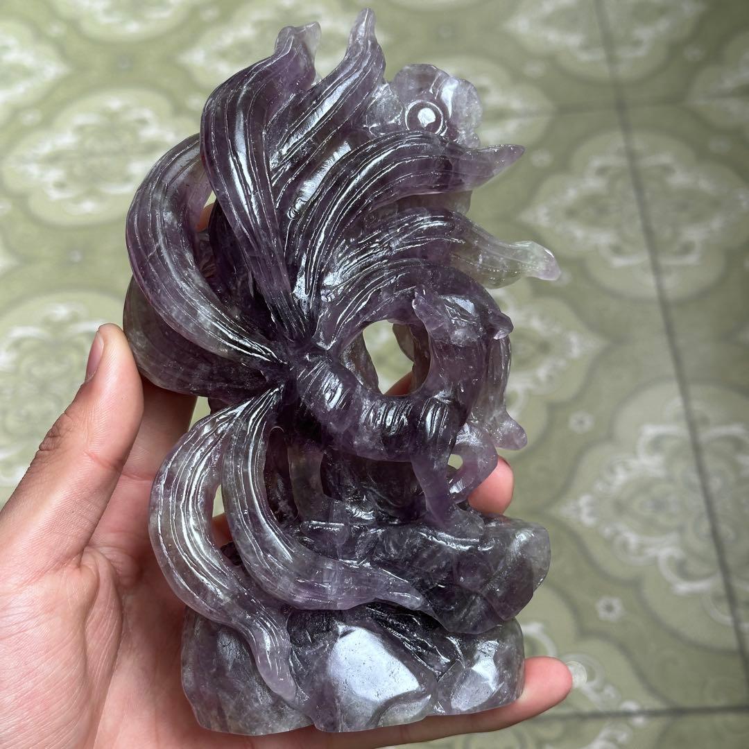 天然石 アメジストの九尾　置物　彫り物BY 001