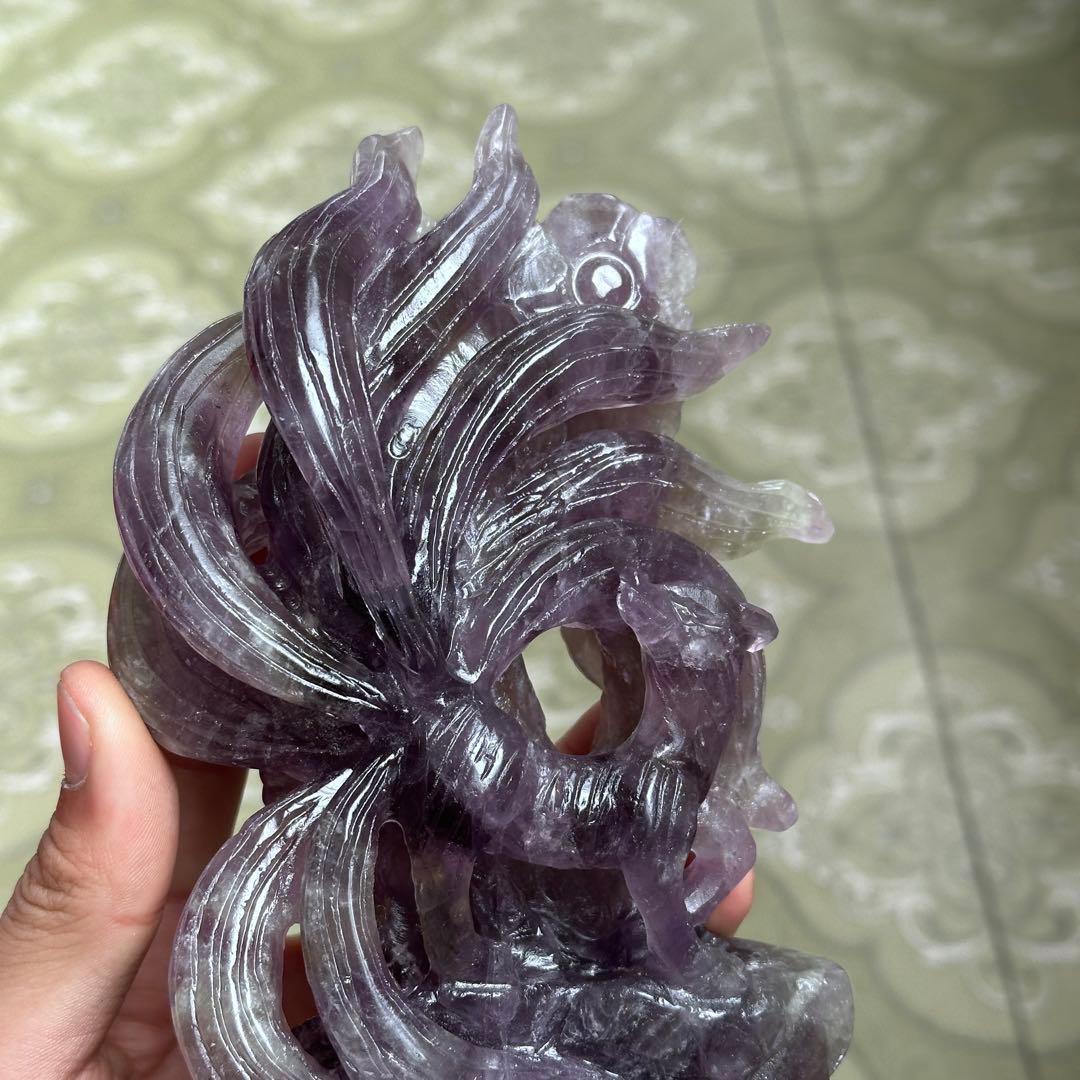 天然石 アメジストの九尾　置物　彫り物BY 001