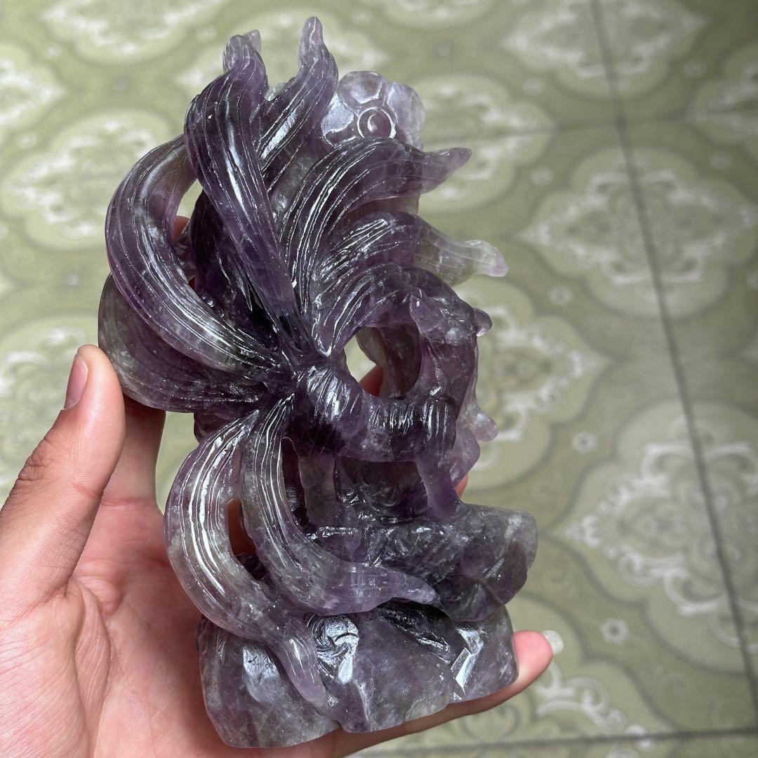 天然石 アメジストの九尾　置物　彫り物BY 001