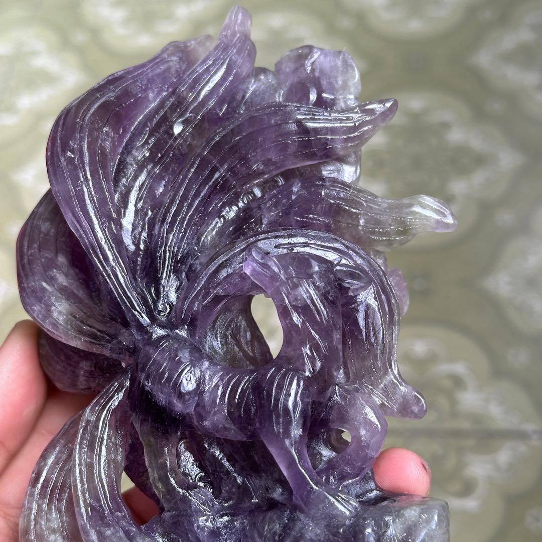 天然石 アメジストの九尾　置物　彫り物BY 001