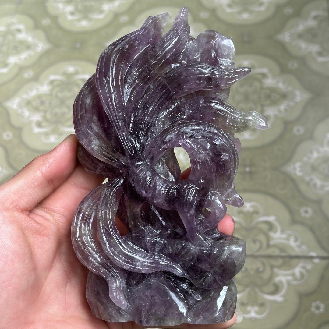 天然石 アメジストの九尾　置物　彫り物BY 001