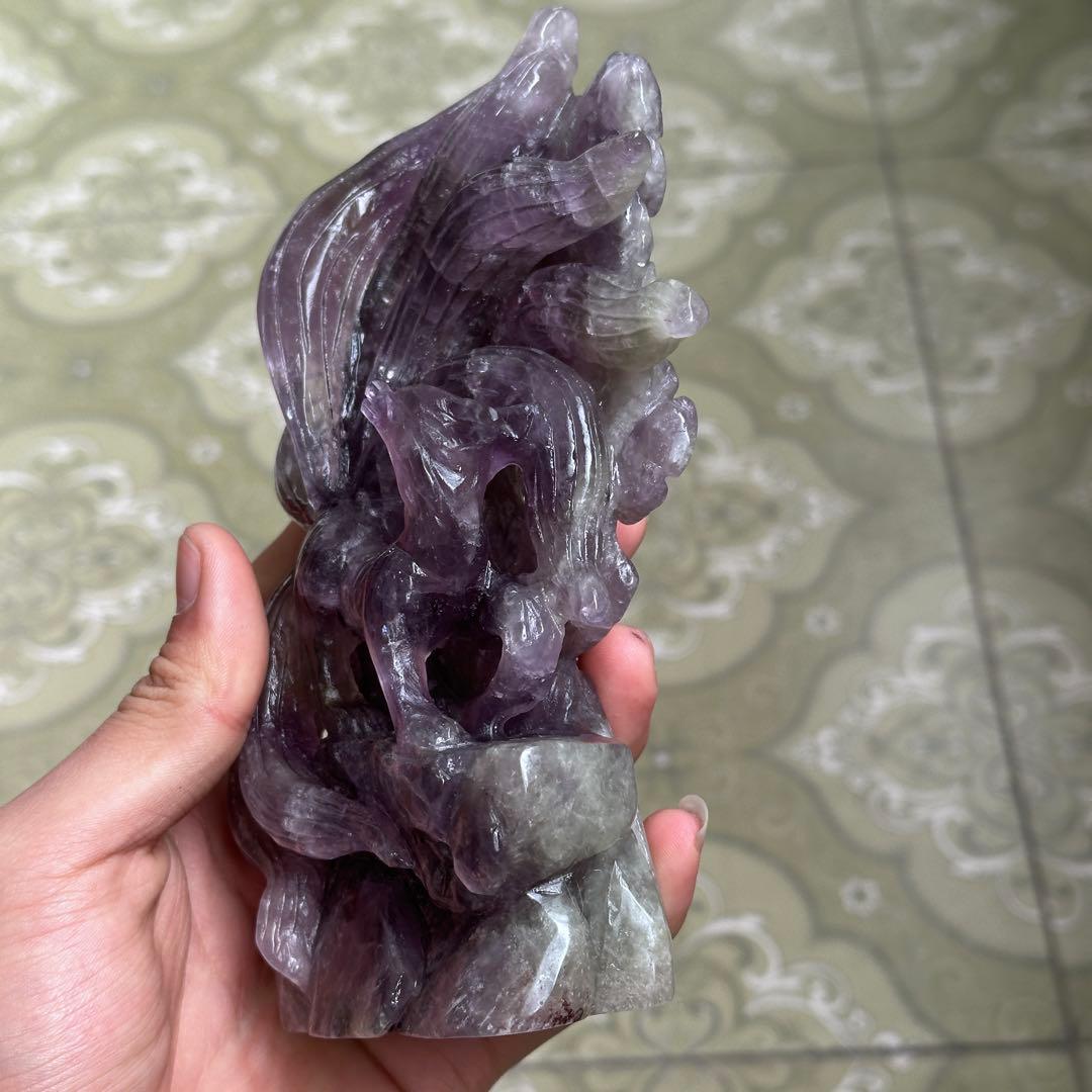 天然石 アメジストの九尾　置物　彫り物BY 001