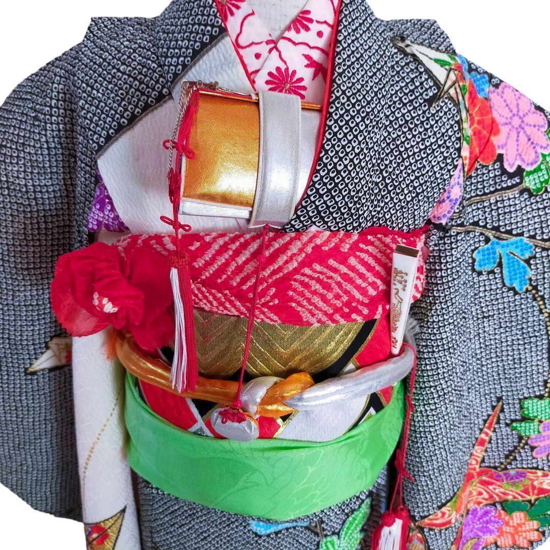 七五三 7歳 セット 081512 鹿の子柄 鶴 菊 丸帯　黒　白