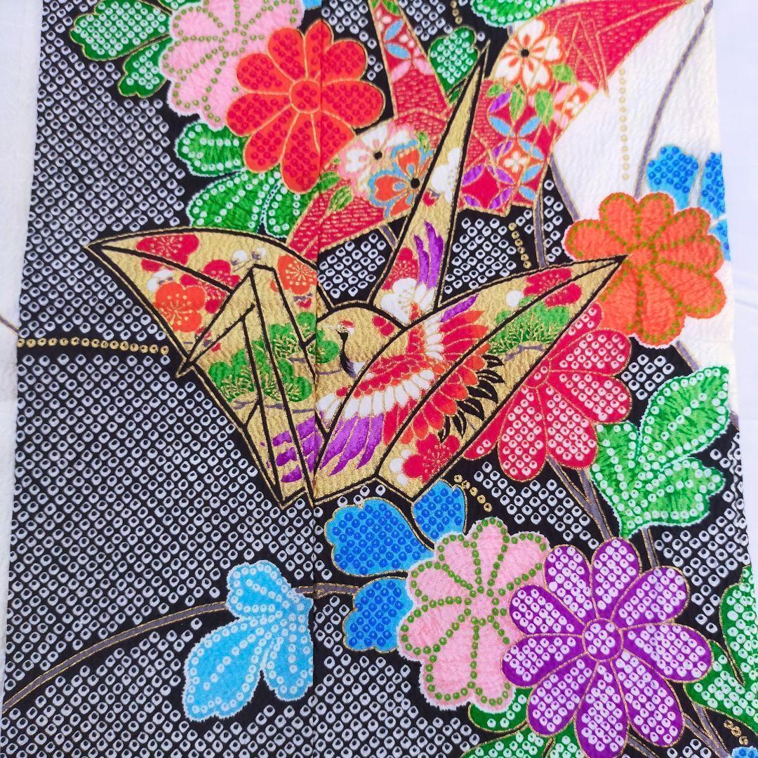 七五三 7歳 セット 081512 鹿の子柄 鶴 菊 丸帯　黒　白