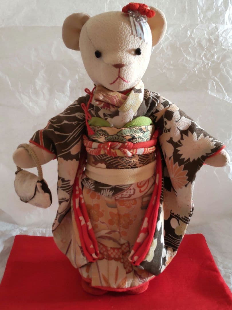 古布 熊 ティディベア 縮緬 着物 ハンドメイド アンティーク 人形 手作り