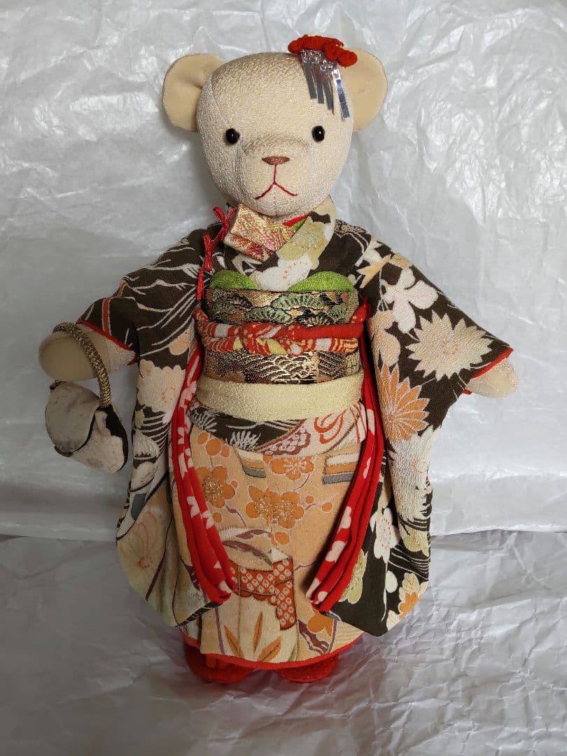 古布 熊 ティディベア 縮緬 着物 ハンドメイド アンティーク 人形 手作り