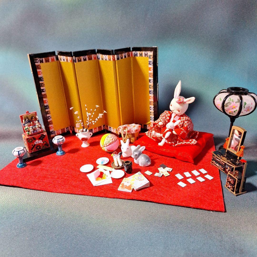 創作人形、ミニチュアお雛様、ミニチュア雛道具、雛飾り、うさぎ人形、屏風