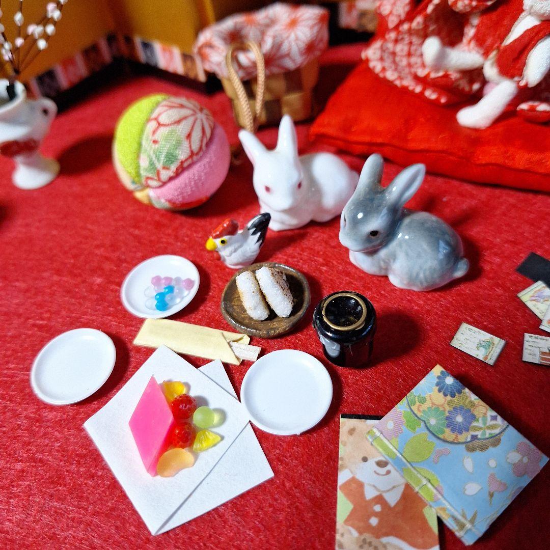 創作人形、ミニチュアお雛様、ミニチュア雛道具、雛飾り、うさぎ人形、屏風