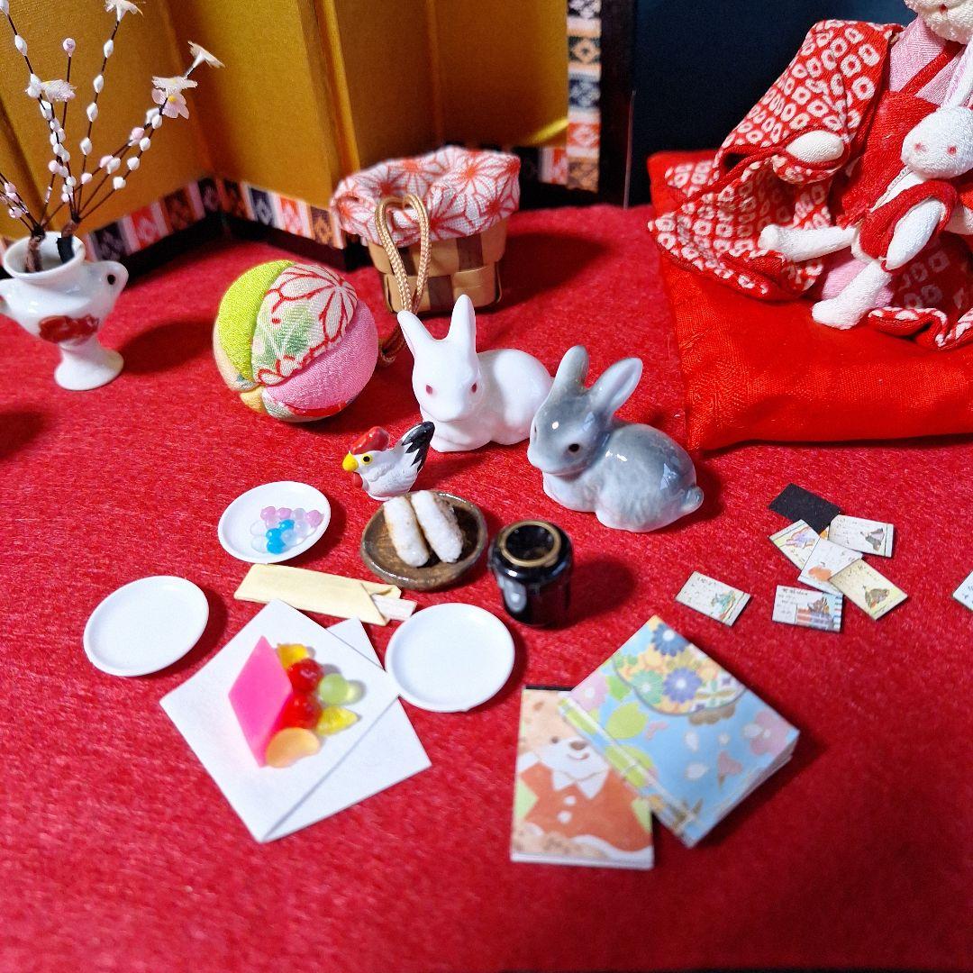 創作人形、ミニチュアお雛様、ミニチュア雛道具、雛飾り、うさぎ人形、屏風