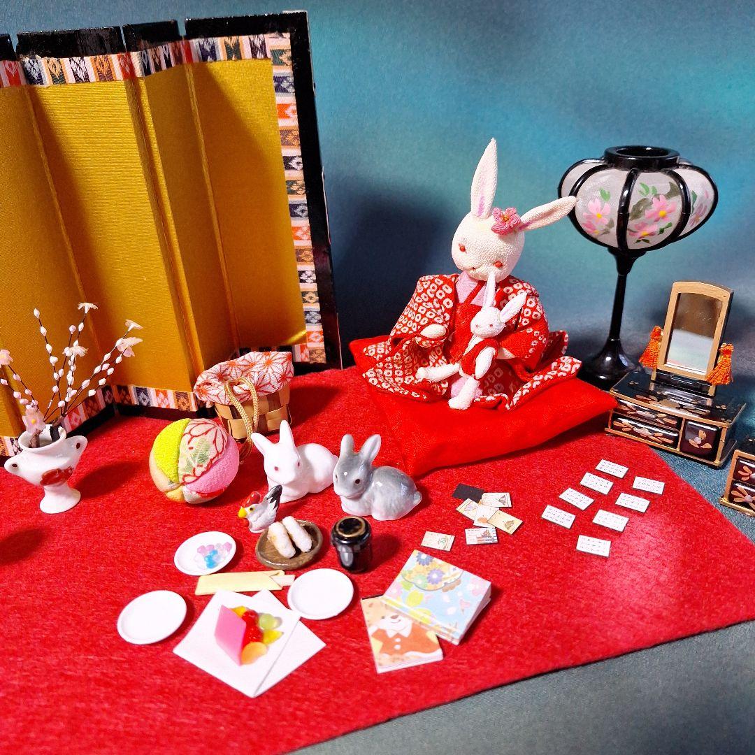 創作人形、ミニチュアお雛様、ミニチュア雛道具、雛飾り、うさぎ人形、屏風