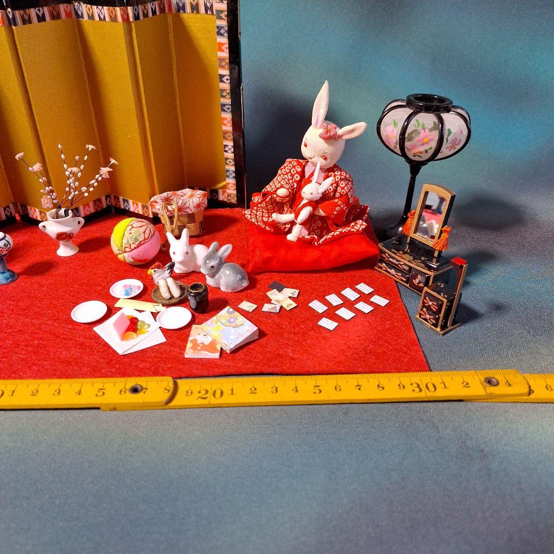 創作人形、ミニチュアお雛様、ミニチュア雛道具、雛飾り、うさぎ人形、屏風