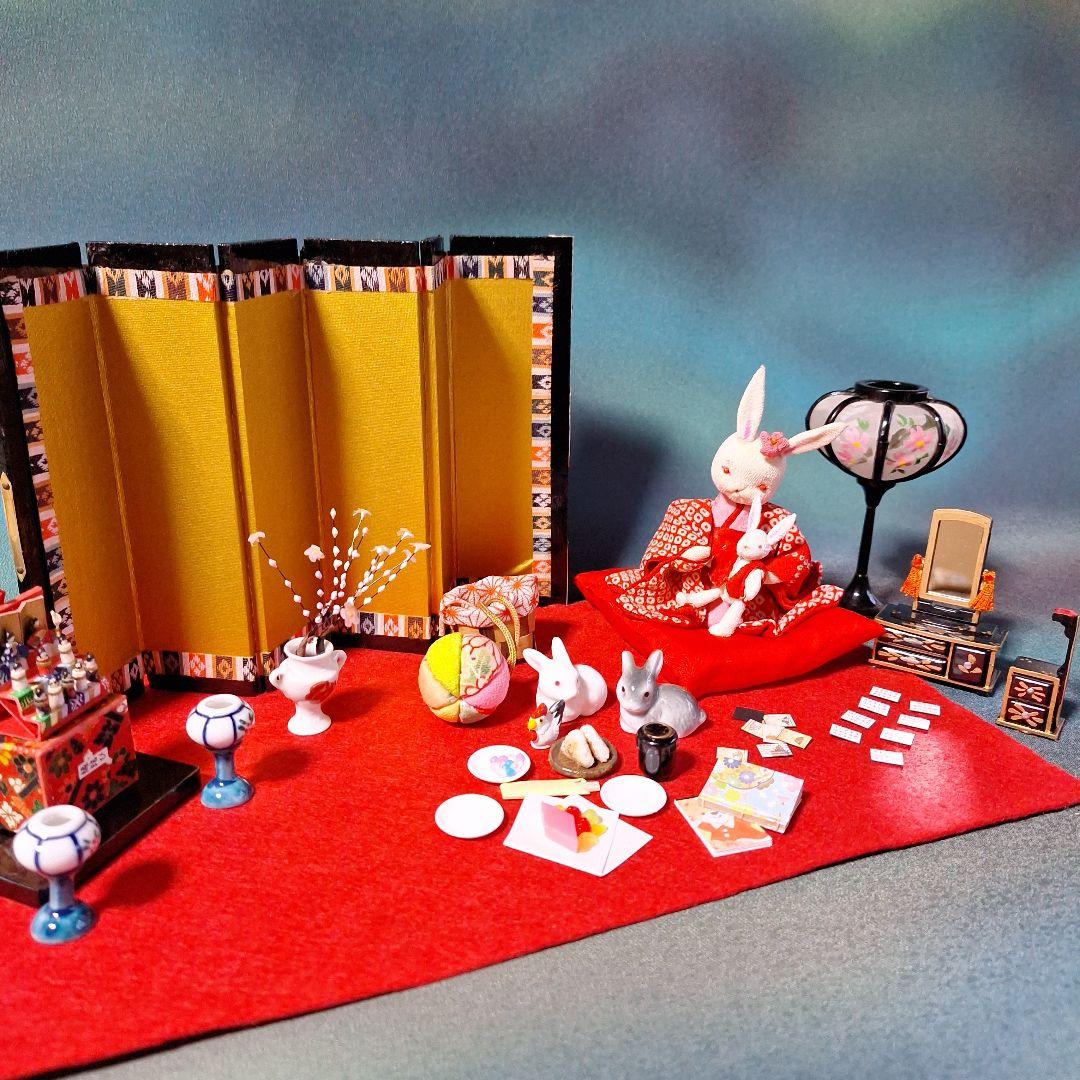 創作人形、ミニチュアお雛様、ミニチュア雛道具、雛飾り、うさぎ人形、屏風