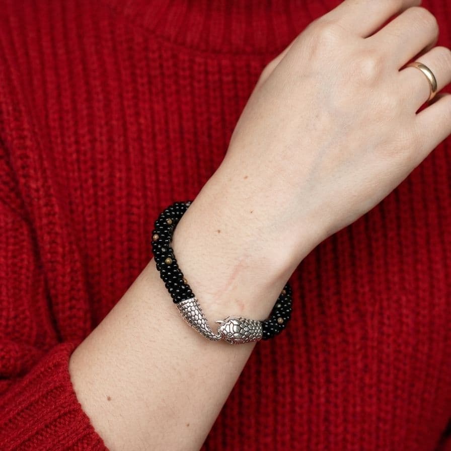 蛇ビーズブレスレット*ブラック×天然石タイガーアイ*シルバー金具*クリスタル