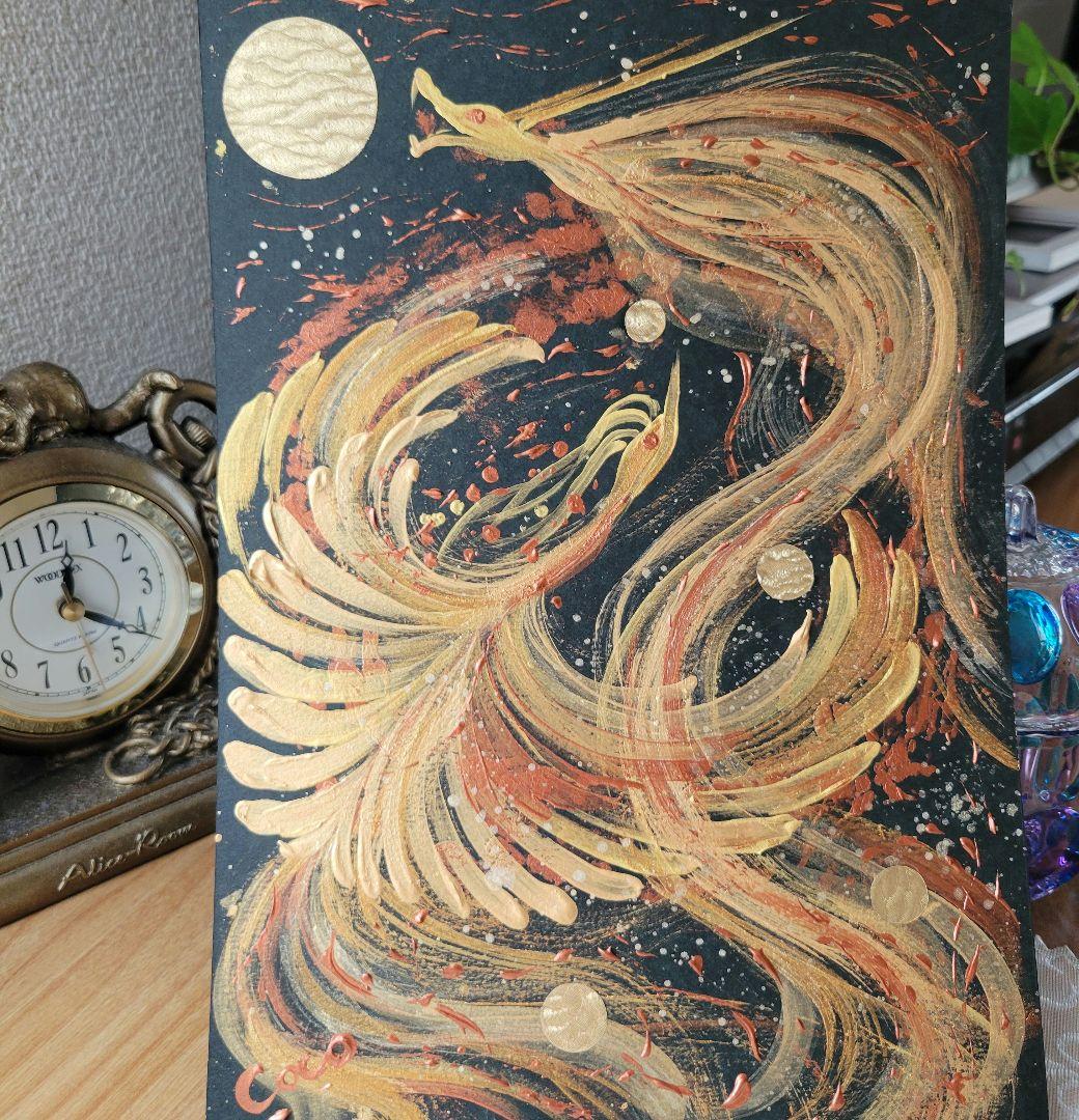 A黒A5【金宝珠開運☆龍神鳳凰】 開運絵画風水アート