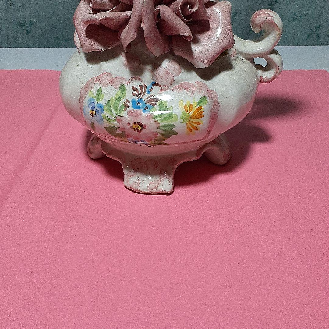 メードイン　イタリア　ピンク薔薇　美品　作家　手作り花瓶　マリーアントワネット