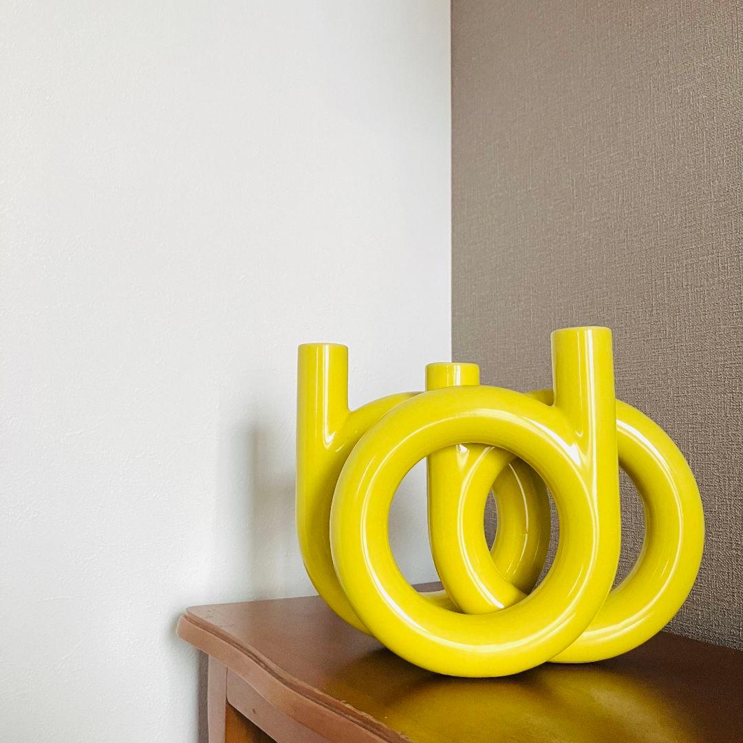 日本製 イエローフープベース 大きな三口花瓶