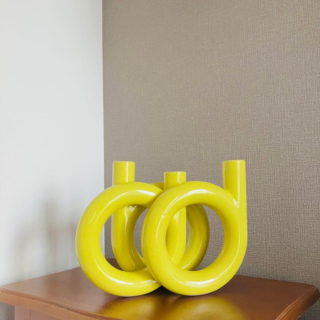 日本製 イエローフープベース 大きな三口花瓶