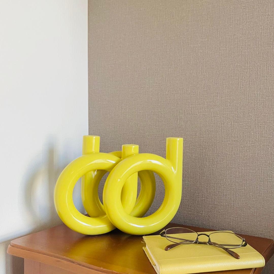 日本製 イエローフープベース 大きな三口花瓶